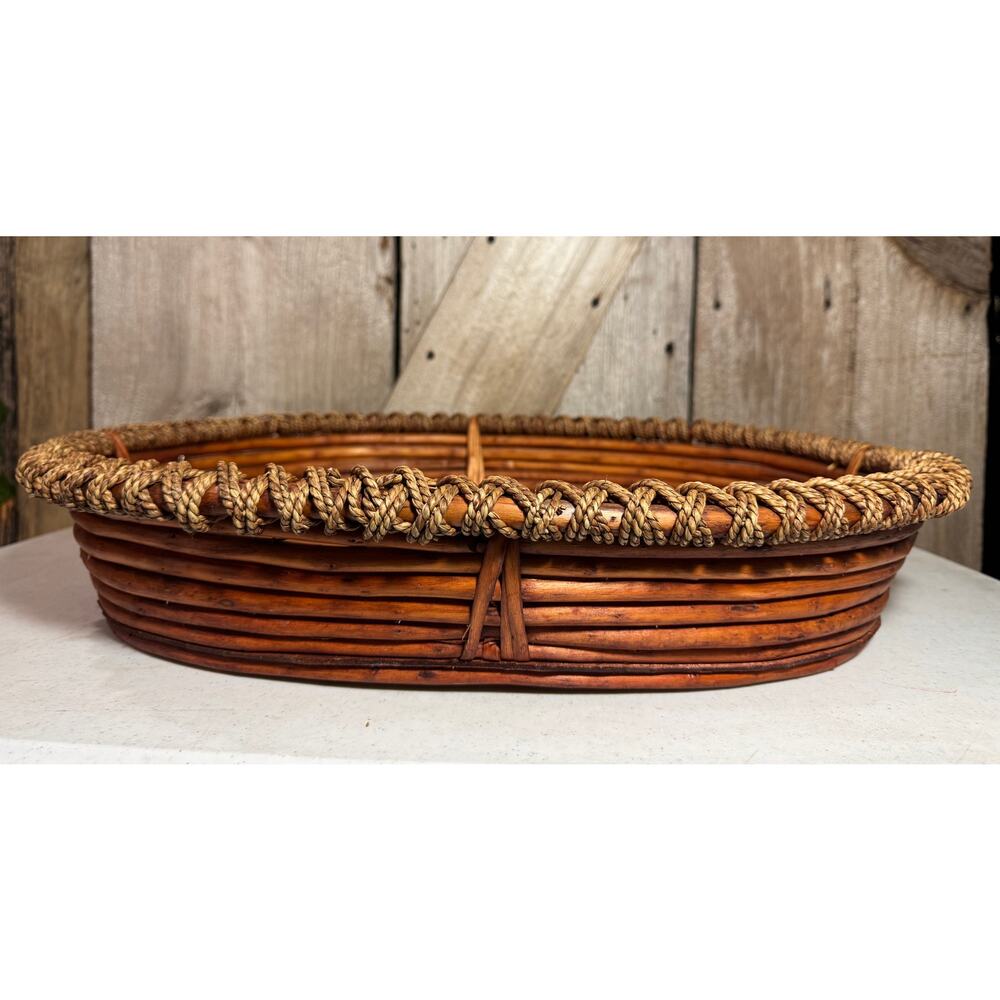 Vintage Oval Bamboo Rattan Serving Tray Wooden Bottom Twisted Twine Rope Trim